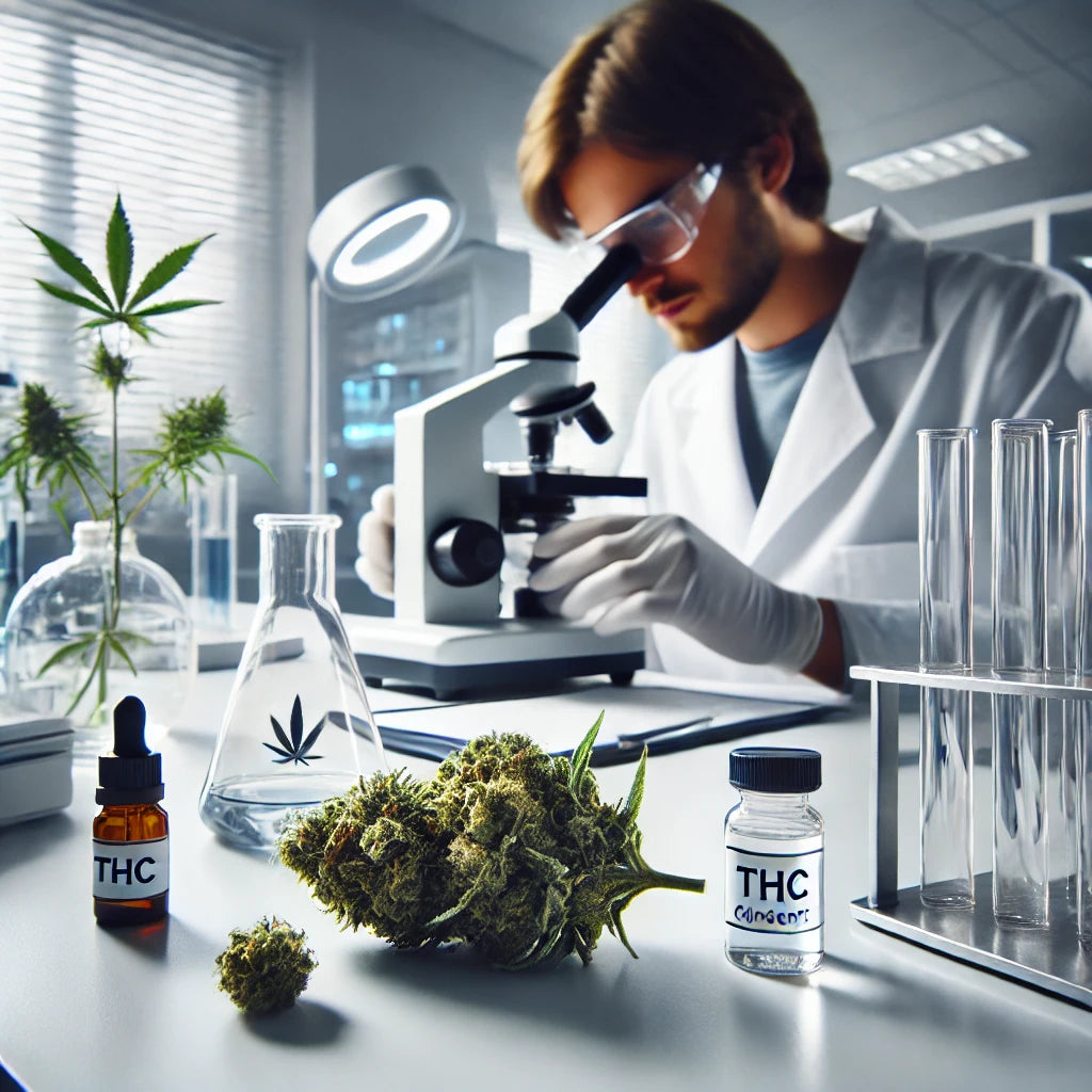 Laboranalyse einer Cannabisblüte zur THC-Bestimmung mit einem Labortechniker und professionellem Laborgerät.