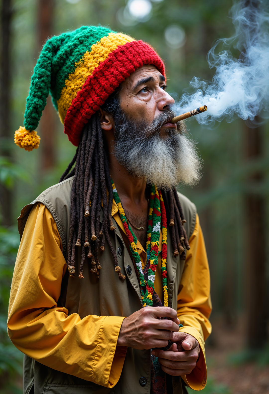 Porträt eines Mannes mit langen Dreadlocks und farbenfroher Rastamütze in Rot, Gelb und Grün, der entspannt im Wald steht und eine brennende Zigarette oder einen Joint raucht, während Rauch aufsteigt.