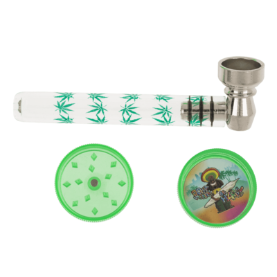 Glas-Pfeife mit Metall-Kopf inkl. Grinder & Sieben ca. 9 cm