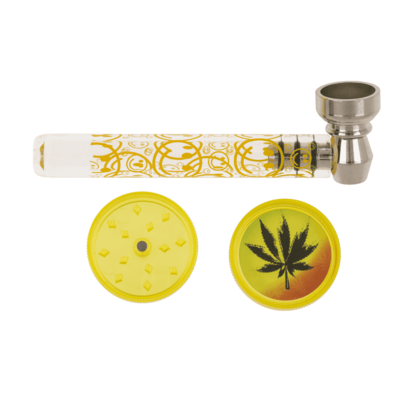 Glas-Pfeife mit Metall-Kopf inkl. Grinder & Sieben ca. 9 cm