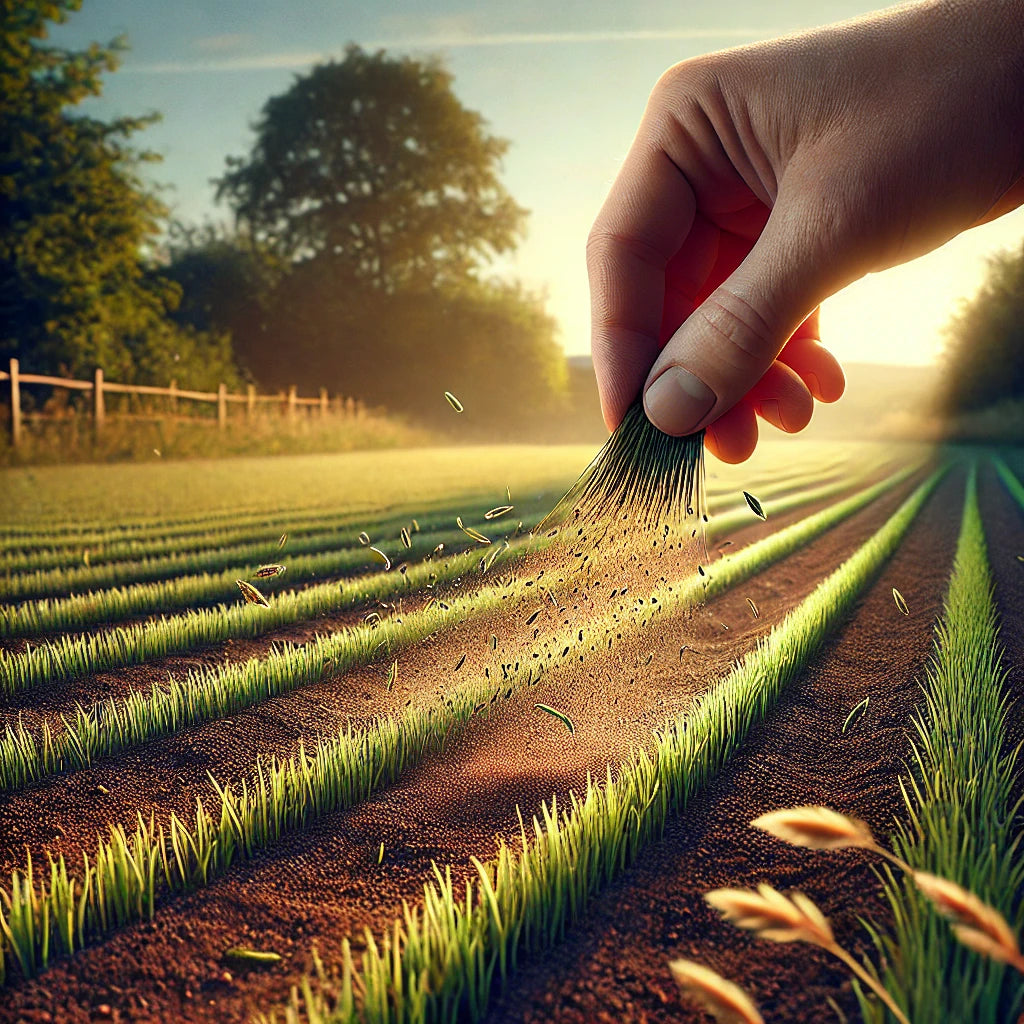 Hand streut Grassamen auf vorbereiteten Boden, Bäume im Hintergrund.